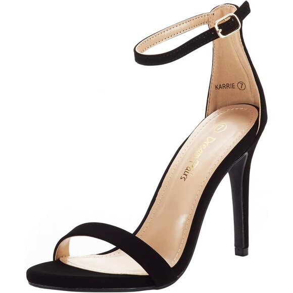 Shoes - Women's Black-Nubuck Flower Ankle Strap Stiletto Round Open Toe Stylish Heel